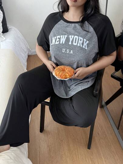 SHEIN Conjunto de pijama de manga corta con estampado de letras y contraste de color en talla grande