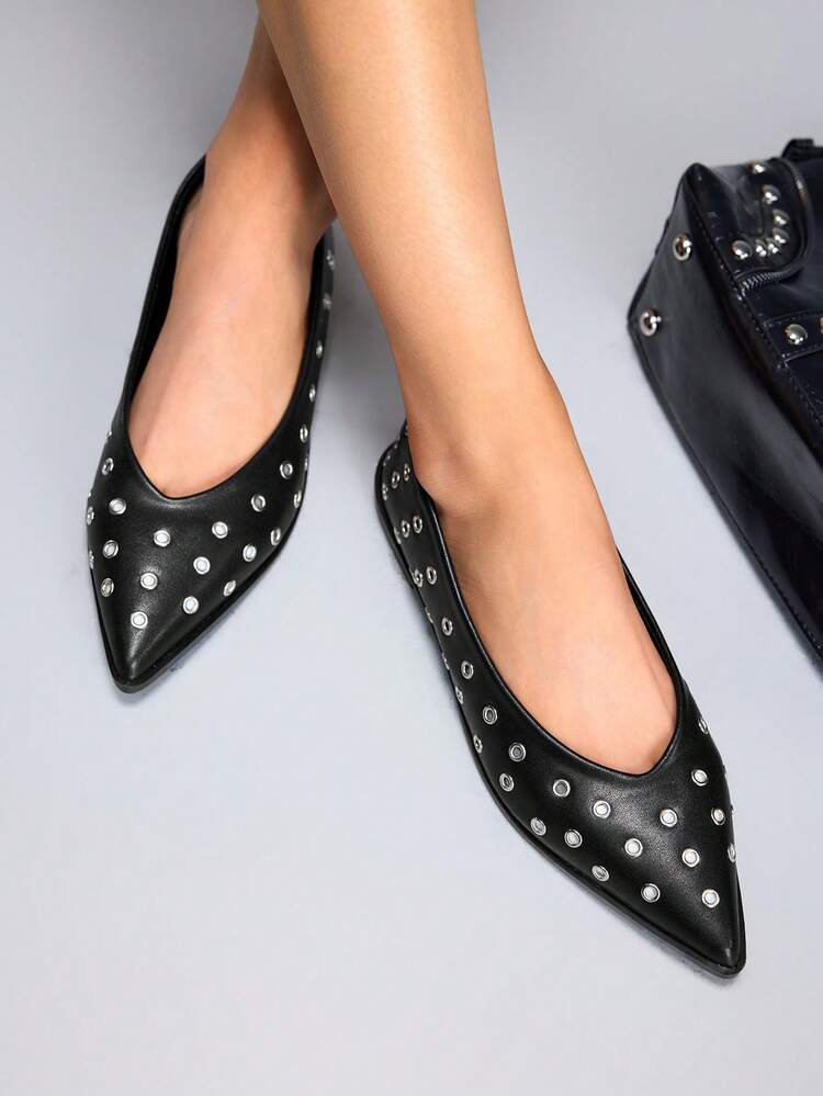 CUCCOO GRLICON Women's Fashion Versatile Commuter Metal Eyelet Decor Pointed Toe Flats Valentine's Day