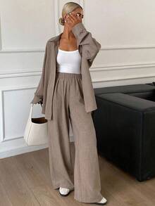 Dazy Tall 女士长袖衬衫和直筒裤两件套休闲家居服套装 - 卡其色 - 查看 5