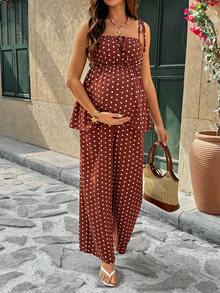 SHEIN 2件套孕妇休闲波点印花吊带背心套装，夏季 - 棕色 - 查看 9