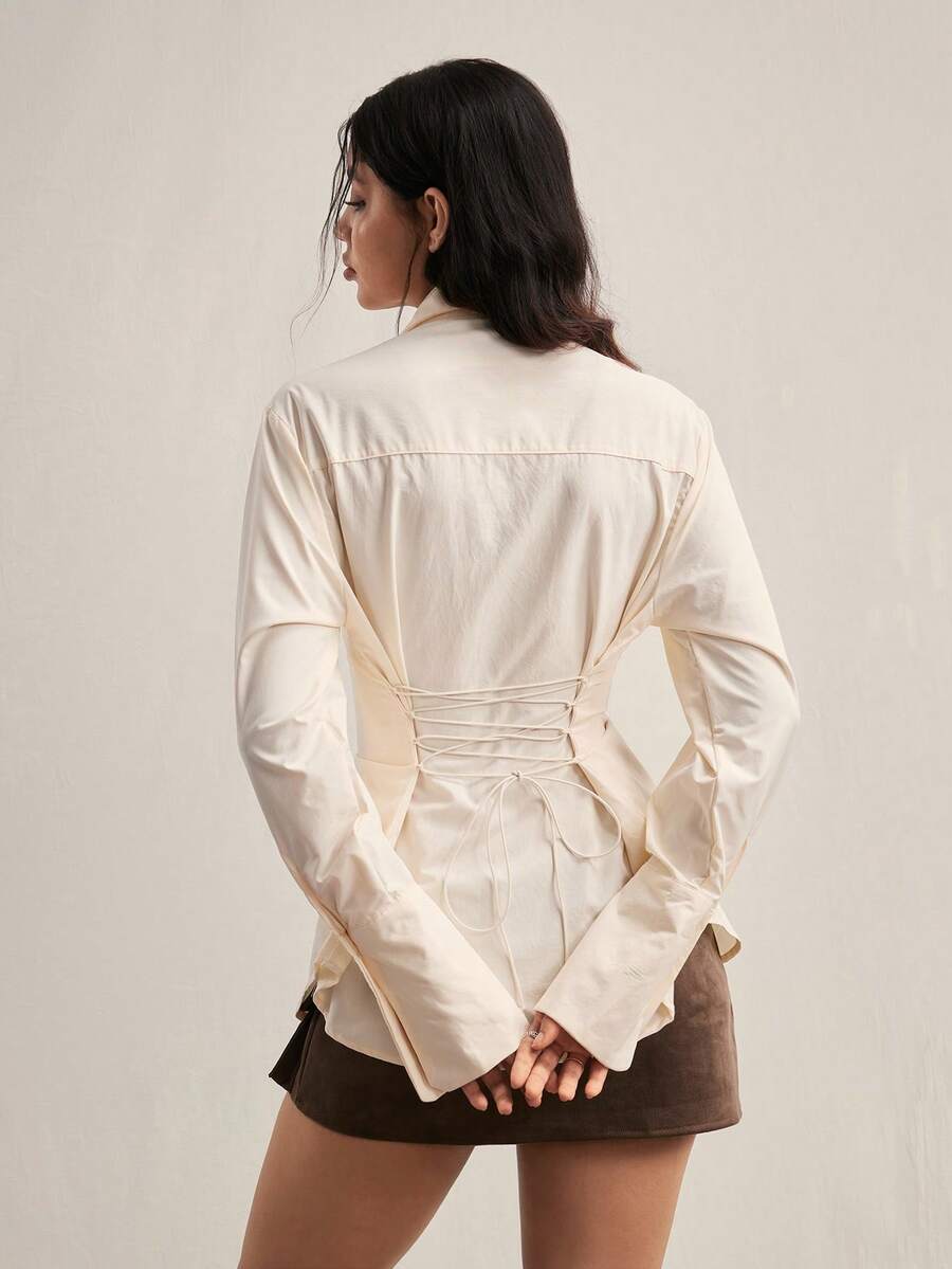 Easelle Áo sơ mi nữ dệt màu mơ, kiểu dáng thường ngày, đa năng, thắt chéo eo, thích hợp đi làm. - Màu be - Xem 1