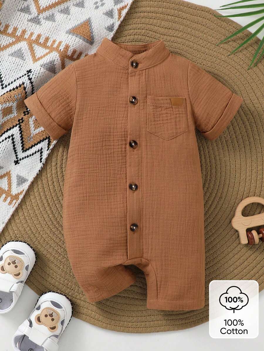 SHEIN 1pc Newborn Baby Boys Mocha Short Sleeve Snap-Up Romper, Soft Comfortable Casual Jumpsuit Suitable For Home, Outdoor, Travel, Spring/Summer Brown Baby Clothes Mocha Baby Clothes Jumpsuit For Baby Boy Brown Toddler Boy Romper Baby Casual Romper Neutral Baby Clothes Short Sleeve Baby Romper Unisex Baby Romper Baby Casual Romper Neutral Baby Clothes Unisex - Brown - View 1