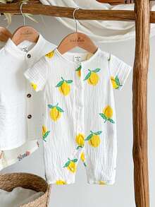 Vintaside Kids 新生儿连体裤，柔软舒适的绉纱面料，适合春、夏、秋季穿着，乡村风格柠檬水果印花，时尚可爱，百搭休闲夏季连体裤 - 白色 - 查看 4