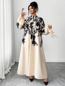 Elenzga Plus Size Casual Printed Long Sleeve Tie Cuff Dress - Multicolor - View 1