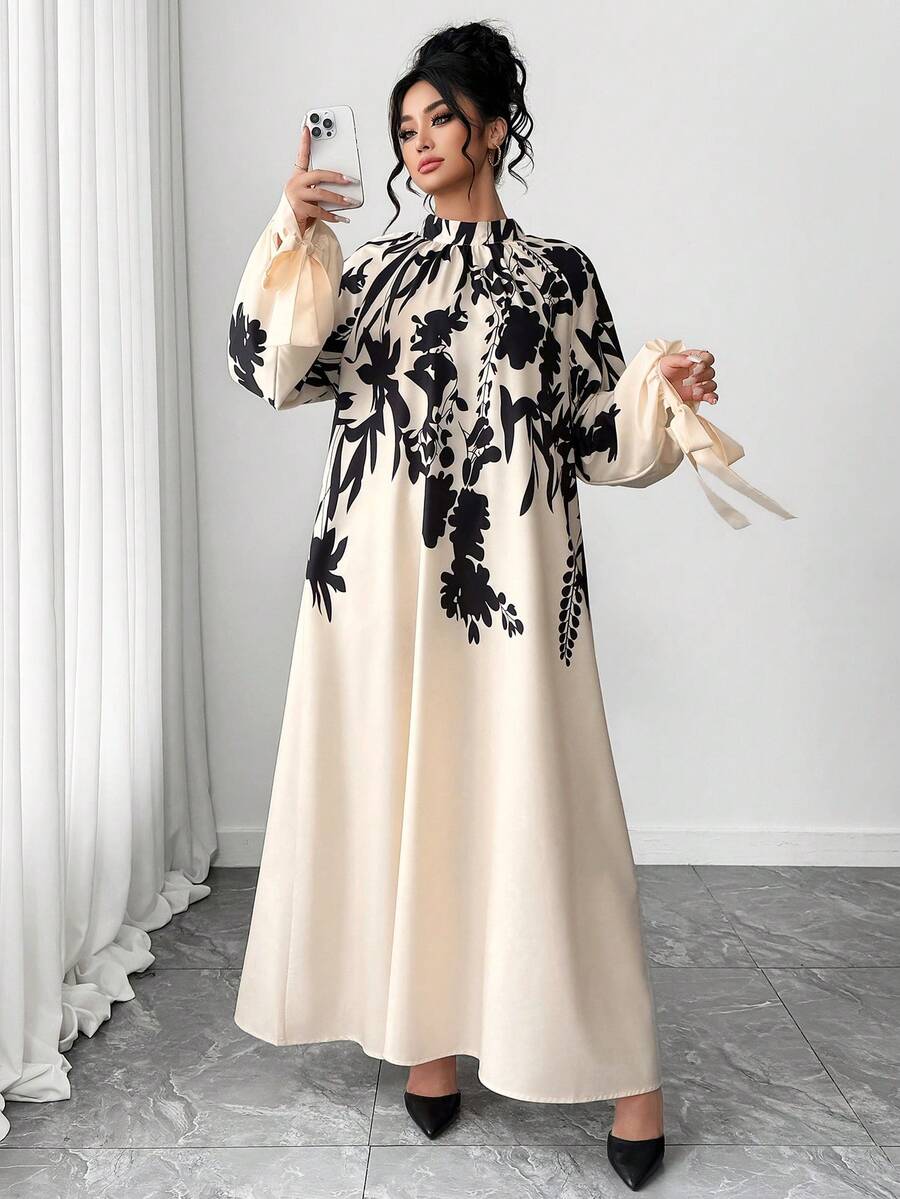 Elenzga Plus Size Casual Printed Long Sleeve Tie Cuff Dress - Multicolor - View 1