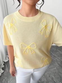 Elenzga Blusa de punto holgada y versátil de manga corta con cuello redondo y decoración bordada en 3D con lazo en color amarillo mantequilla para mujer - Amarillo - Ver 7