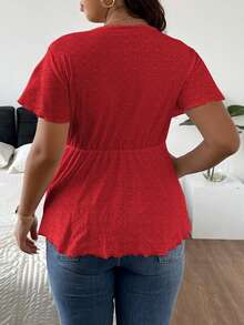 SHEIN Frenchy Plus Size Tie Dye Floral V-Neck Lace Patchwork Textured Women T-Shirt - Red - View 2