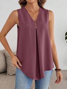 Rosumi 大码夏季休闲纯色纹理不对称下摆无袖衬衫，适合夏季假期、春假、情人节、嘉年华等场合，2026年女士海滩外出上衣 - 粉色 - 查看 8