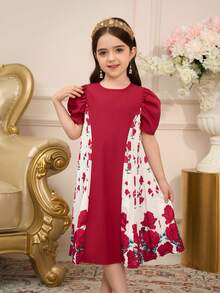 Girls' Fuchsia Abaya Kaftan Jalabiya Tunic, Middle Eastern Muslim National Flower Sudani Rose Print Patchwork Contrast Color Pleated Print Traditional Conservative Elegant Fashionable Dress Kids Rose Print Dress Girls Floral Dress