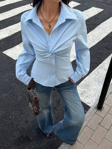 Siren Gaze New Spring Style Blue Knotted Shirt For Women, Preppy Style Fitted Shirt, Perfect For Back-To-School Season. Light Blue Blouse Fitted Blouse Casual - Blue - View 3