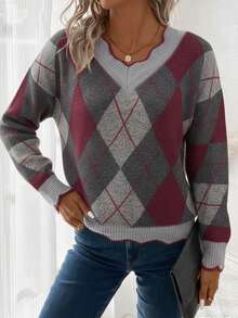 EMERY ROSE 女士休闲菱形格纹V领毛衣，学院风菱形图案，复古、学院风、经典款，适合秋冬季节。妈妈礼物，送礼佳品。 - 彩色 - 查看 3