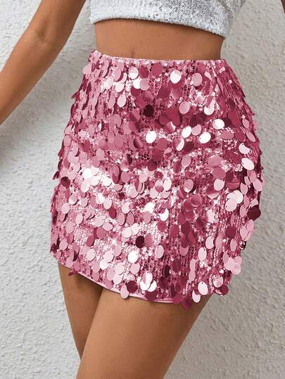 SHEIN PETITE Women's Fashionable Sequin Solid Color Mini Skirt, Suitable For Parties And Gatherings