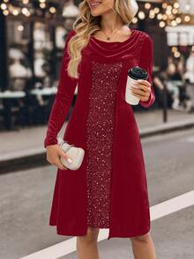 EMERY ROSE 女士垂褶领长袖拼接亮片印花时尚连衣裙 - 酒紅色 - 查看 7