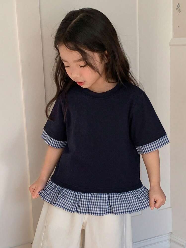Young Girl Girls Colorblock Striped Round Neck Short Sleeve T-Shirt, Fall