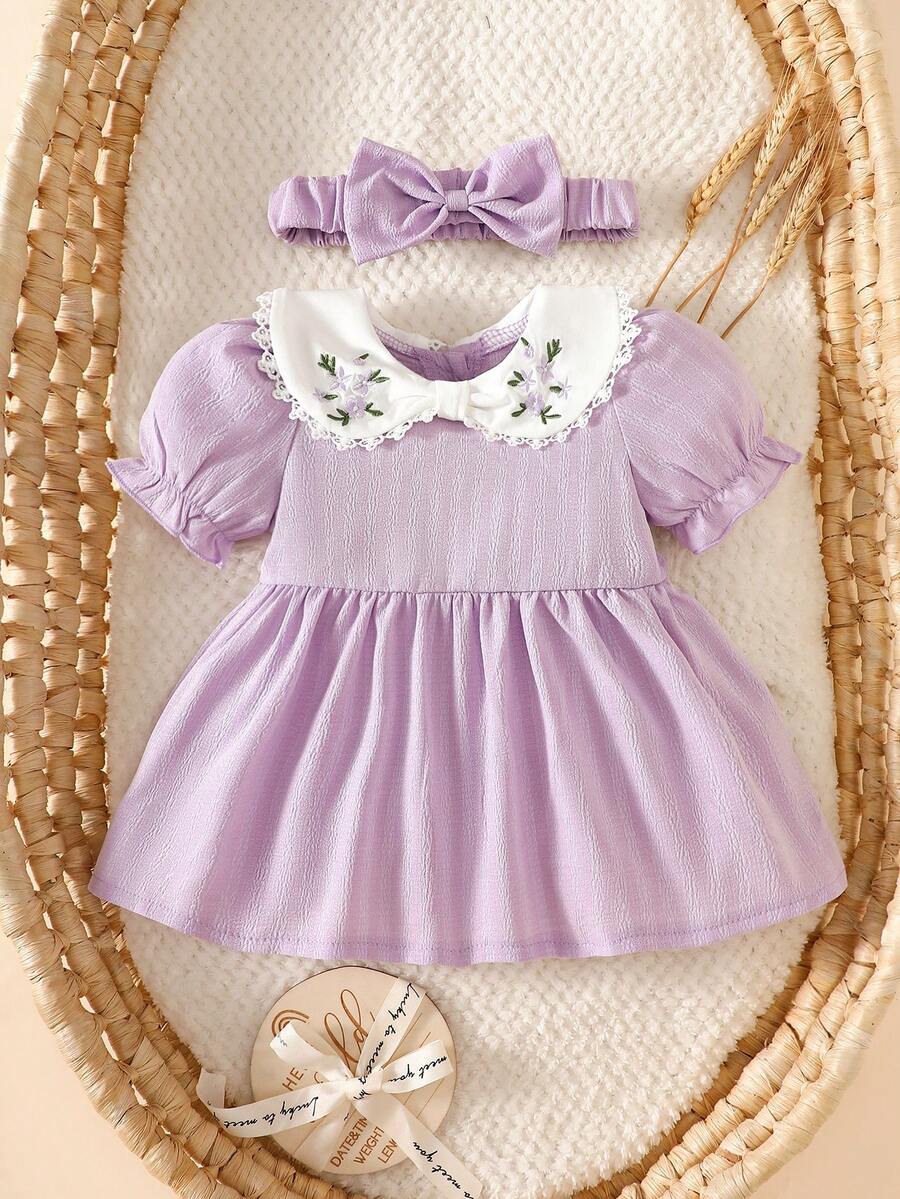 SHEIN Newborn Baby Girl Purple Striped Embroidered Ruffled Collar Princess Dress With Bow Headband Set - Purple - View 1