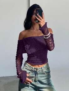 Aloruh Women's Off-Shoulder Long Sleeve Ruched Cropped Fashionable Top - Purple - View 7