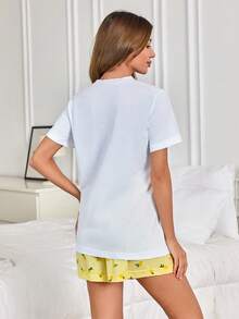 EURMUSE Cottonline 女士菠萝印花口袋细节白色上衣和短裤两件套家居服休闲可爱舒适睡衣套装 - 彩色 - 查看 2