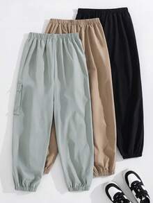 SHEIN Bộ 3 quần ống rộng màu trơn, có dây rút, thích hợp cho nam thiếu niên, mặc hàng ngày, đi học, du lịch, thể thao, mùa xuân/hè/thu/đông. - Nhiều màu - Xem 3