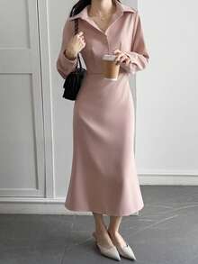 DAZY Elegant French Style Cinched Waist Mid-Length Dress For Women - Baby Pink - View 7