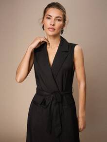 Maija 女士纯色翻领优雅无袖连衣裙，适合通勤 - 黑色 - 查看 5