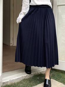 DAZY Women's Elegant Solid Color Pleated A-Line Skirt, Autumn - Navy Blue - View 5