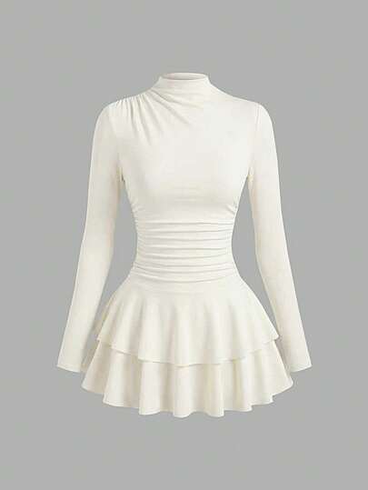 SHEIN PETITE Women's Red Long Sleeve High Neck Ruched Waist Vintage Dress, Autumn/Winter Peplum Tops