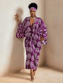 BamGleam Sexig klänning med geometriskt tryck och djup V-ringning för kvinnor, fladdermusärm - Blåröd - Visa 5