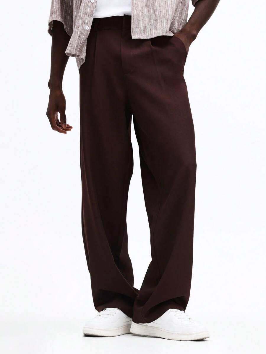 SUMWON 男士褶裥阔腿直筒正装西裤，简洁腰线设计，经典商务职业裤 - 棕色 - 查看 1