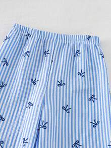 Souflis Souflis Young Girl' Cute Striped Bow Print Camisole And Wide Leg Pants Set, Summer - Baby Blue - View 3