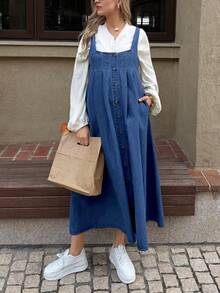 SHEIN Maternity Casual Denim Dress With Pockets Spring Christmas New Year Thanksgiving Commuting Vacation Graduation Chic Y2k Cute Streetwear Party Wedding Elegant Business Casual Woman - Blue - View 4