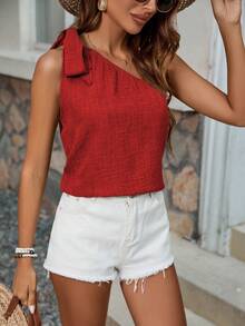 Breezaya Áo sơ mi dáng rộng thoải mái, vai lệch, màu trơn, thích hợp cho mùa hè. - Đỏ - Xem 4