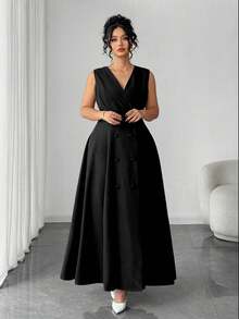 Elenzga Vestido de mujer de talla grande de unicolor con diseño de moneda vintage de doble botonadura, adecuado para volver a la escuela, graduación, San Valentín, festival de música, Día de la Madre, Halloween, Acción de Gracias, Pascua, Día Nacional, baile de graduación, cita, temporada de bodas, excursión al aire libre - Negro - Ver 8