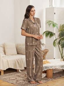 SHEIN Bubble Wrinkle Coconut Tree Print Short Sleeve Pajama Set - Multicolor - View 4