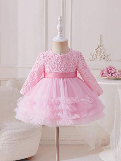 Glamorique Kids 女婴长袖网纱刺绣连衣裙，香槟色，生日派对花童礼服，女婴洗礼服