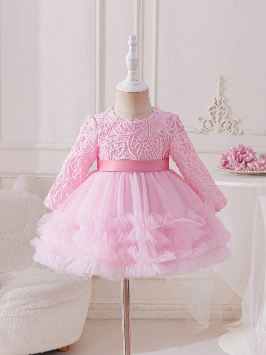 Glamorique Kids 女婴长袖网纱刺绣连衣裙，香槟色，生日派对花童礼服，女婴洗礼服 - 淺粉色 - 查看 1