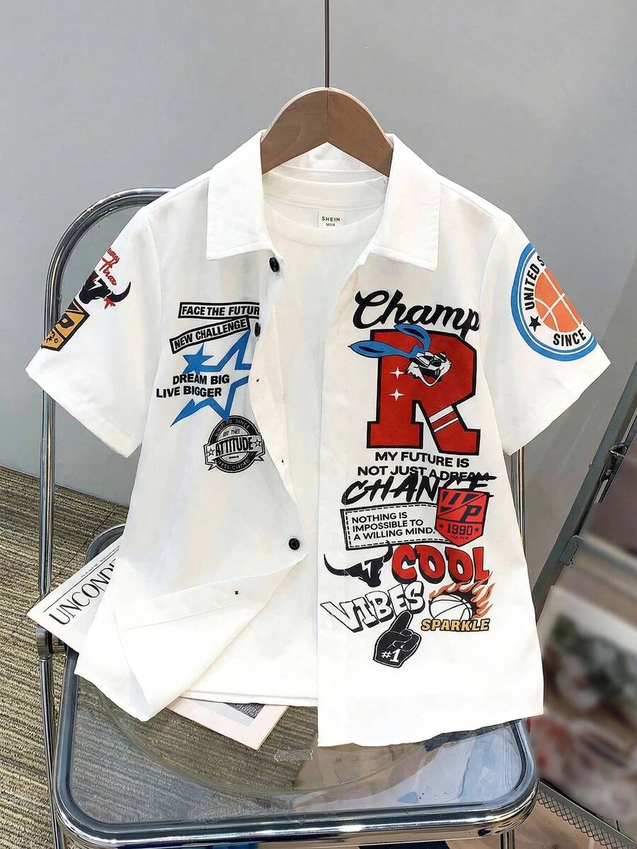 SHEIN Tween Boy Casual Loose Street Style Letter Print Polo Collar Short Sleeve Shirt, Suitable For Commuting, School, Daily Casual Wear, Sports, Spring/Summer Y2k Vacation Goth Gothic Streetwear Sumwon Burgundy Holiday Vintage Boho Festival Mardi Gras Party Cute Birthday Boys Modest Home Casual Cozy - Multicolor - View 1