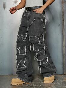 PAVTROS 男士休闲街头风做旧拼接深灰色牛仔裤 - 深灰色 - 查看 7