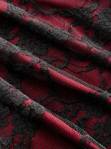 ROMWE Goth 暗黑万圣节天鹅绒撞色蕾丝吊带裙 - 酒紅色 - 查看 4