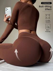 SHEIN Sports Plus Size Women Solid Color Long Sleeve And Long Pants Sports Outfit, Seamless Workout Women Set Women Leggings Set - Brown - View 2