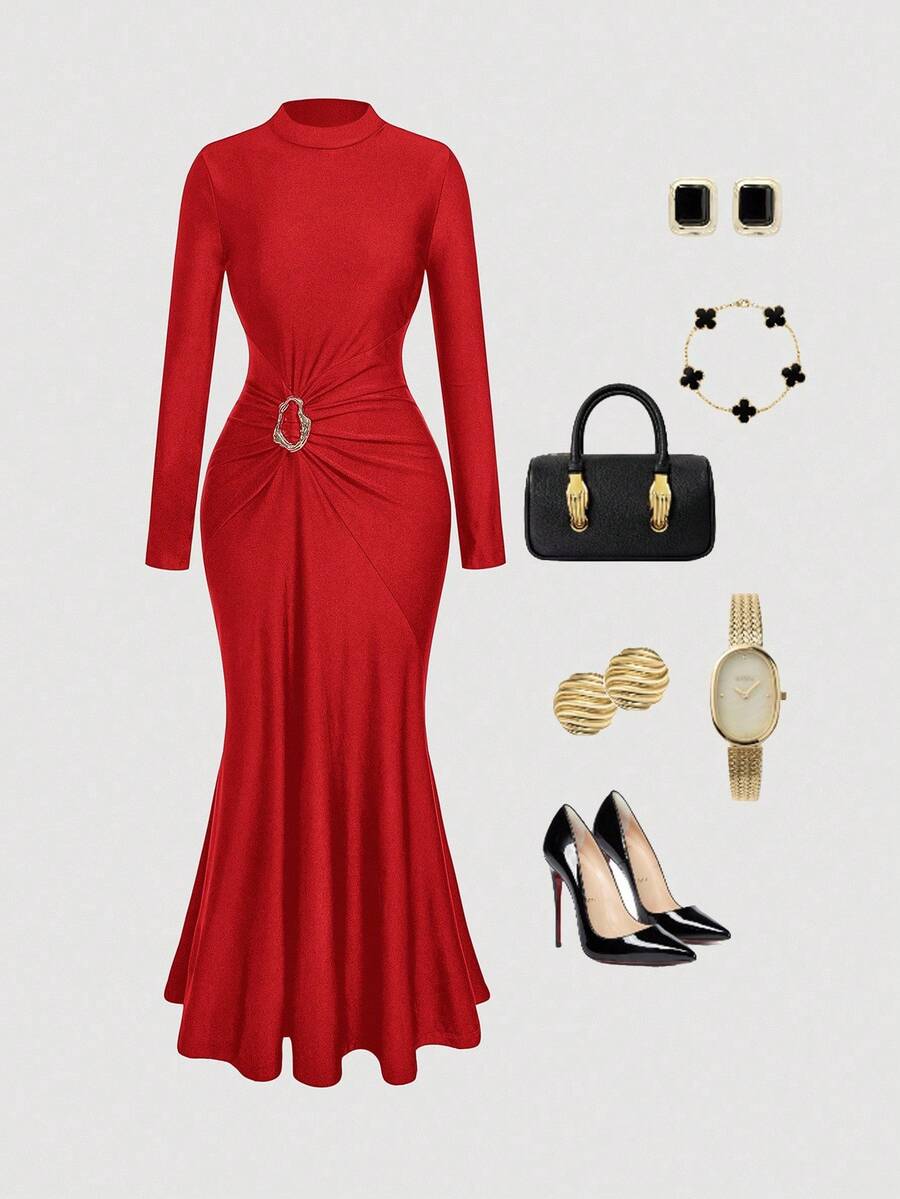 SHEIN MOD Abito elegante da donna taglie forti, monocolore, con colletto alto, maniche lunghe, decorazione in vita e orlo a coda di pesce - Rosso - Visualizzare 1