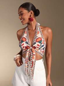 Swim Vcay 春夏新款一体式编织彩色花卉图案露背前系带优雅度假风女士泳装上衣