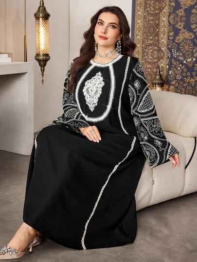 Al Najma 大码女士优雅花卉刺绣蕾丝拼接宽松长裙