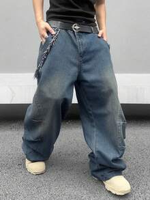 Manfinity EMRG Jeans de mezclilla casuales y holgados con bolsillo para hombres - Azul lavado medio - Ver 6