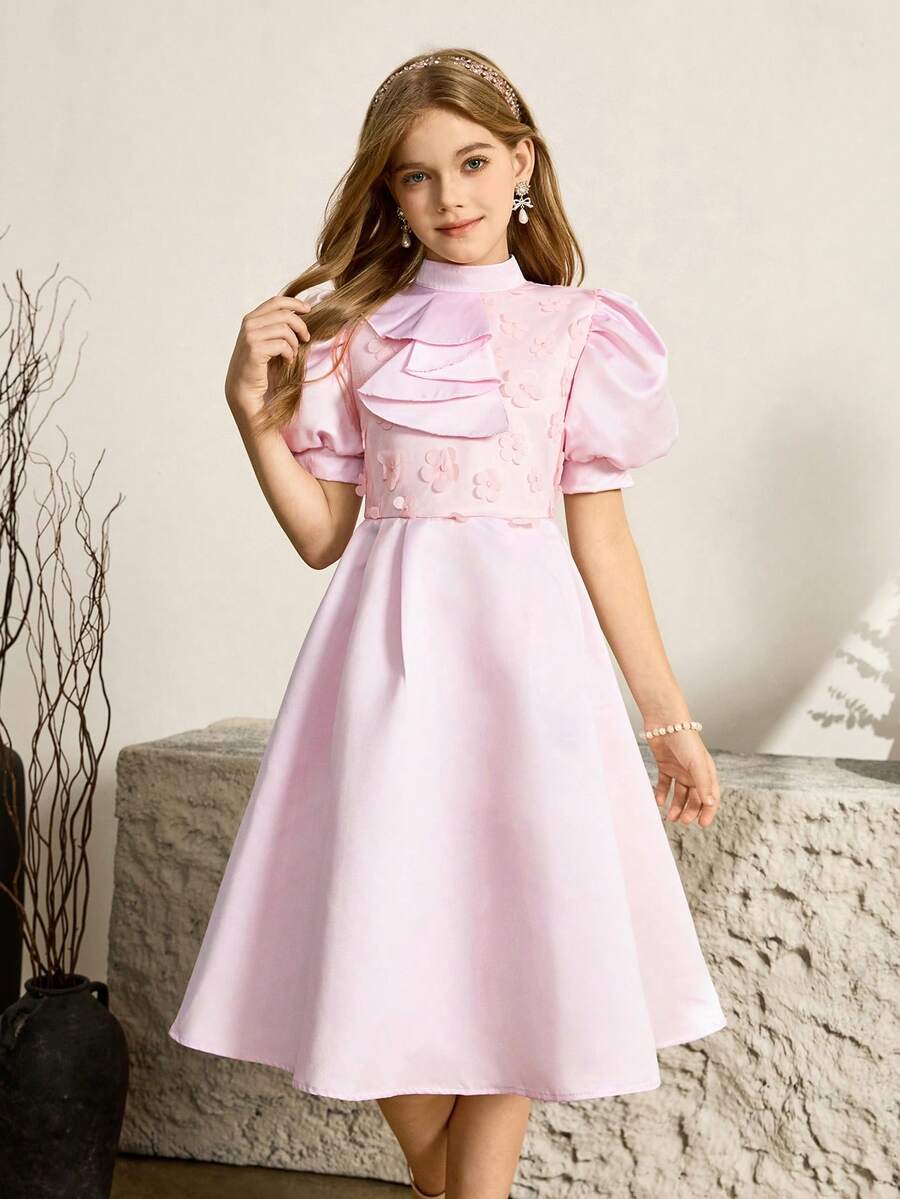 SHEIN Tween Girl Fashion Party Banquet Mock Neck Jabot Collar Bubble Sleeve Embroidered Decor Waist Fit Dress - Pink - View 1
