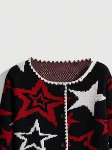 ROMWE Grunge Punk Women's Hippie Dark Round Neck Contrast Color Cardigan With Moon & Star Jacquard - Black - View 3