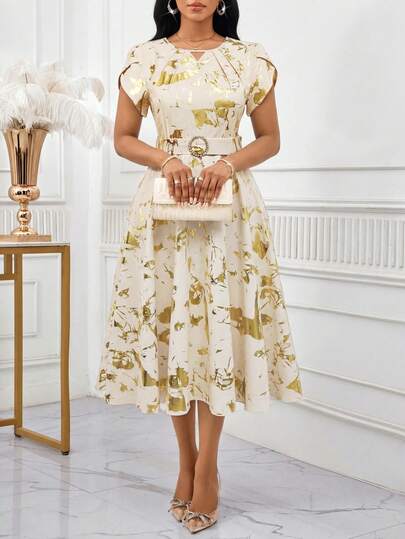 SHEIN Lady Women's Elegant Foil Floral Print Petal Sleeve Dress, Summer