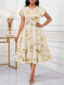 SHEIN Lady 女士优雅箔印花卉花瓣袖连衣裙，夏季 - 彩色 - 查看 5