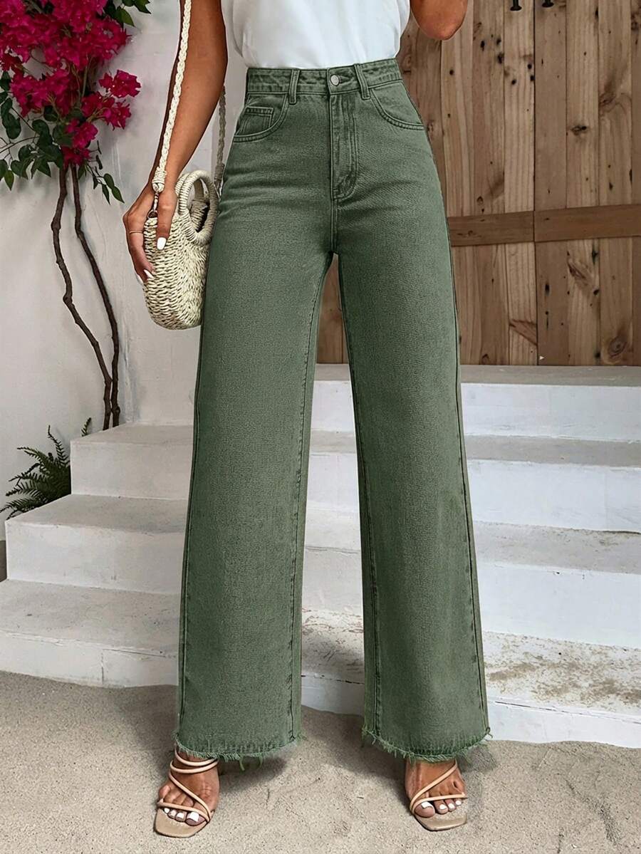 Breezaya Celana Jeans Kasual Pinggang Tinggi Potongan Lurus Longgar dengan Lubang Sabuk - Hijau Tentara - View 1