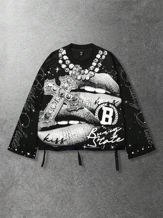 Street Life T-shirt à col ras-du-cou à manches longues pour hommes, style de rue vintage avec graphique Saint délavé