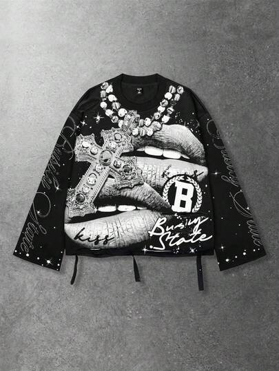 Street Life T-shirt à col ras-du-cou à manches longues pour hommes, style de rue vintage avec graphique Saint délavé